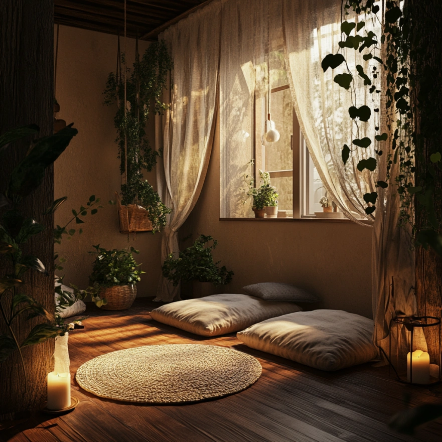 Куточок для медитації з подушками та свічками