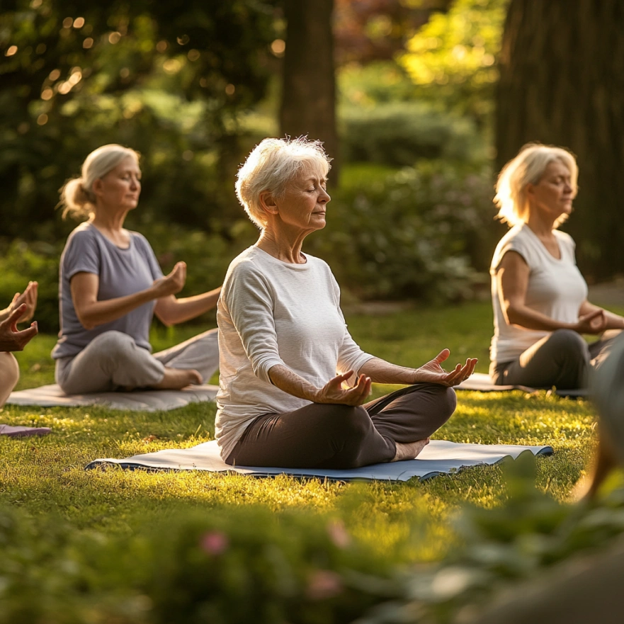 Заняття йогою на свіжому повітрі в саду студії