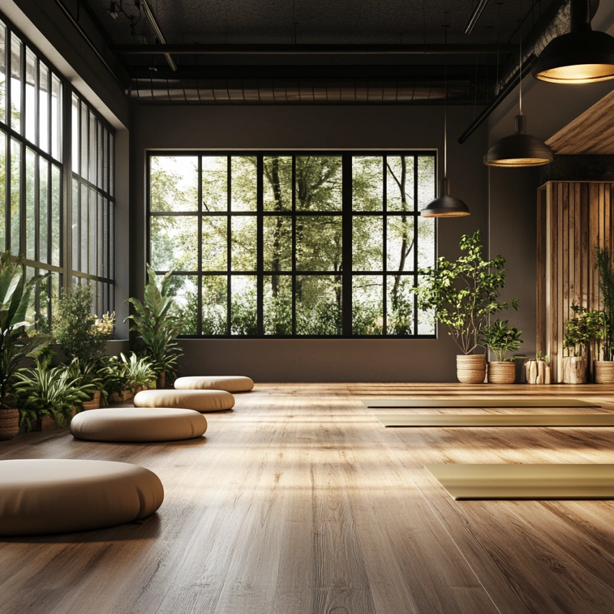 Інтер'єр студії йоги з природними матеріалами та м'яким освітленням
