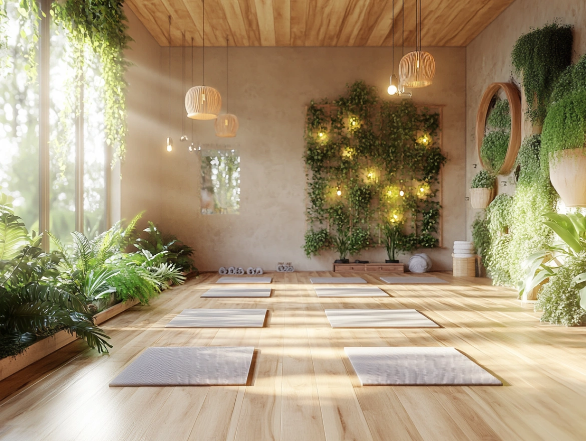 Зал для йоги murneskit з природним освітленням та інтер'єром в еко-стилі